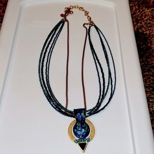 CHICOS Blue Enamel & Rhinestone Seed Bead Multi Strand Pendant Necklace